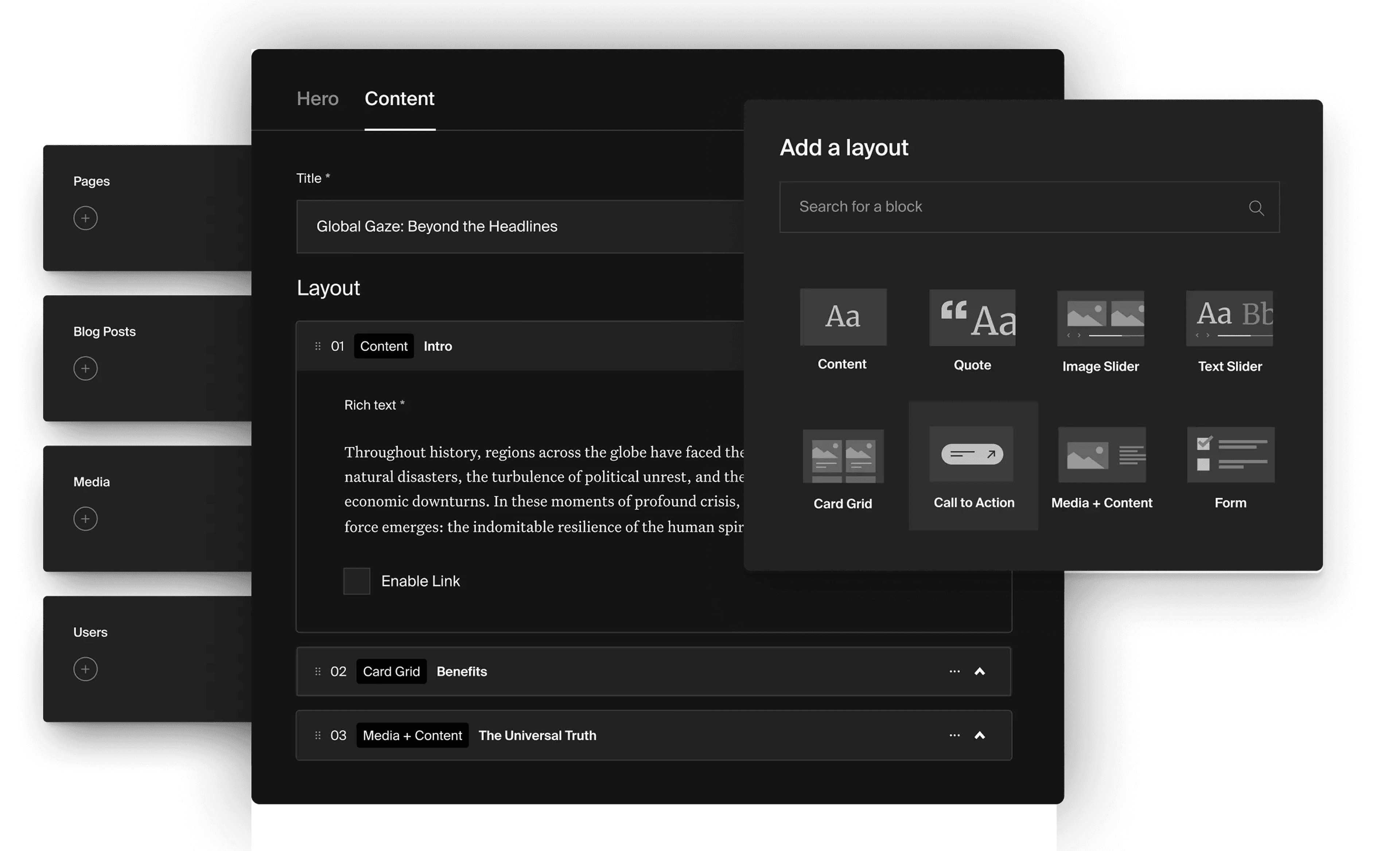 PayloadCMS component library showing reusable blocks and sections