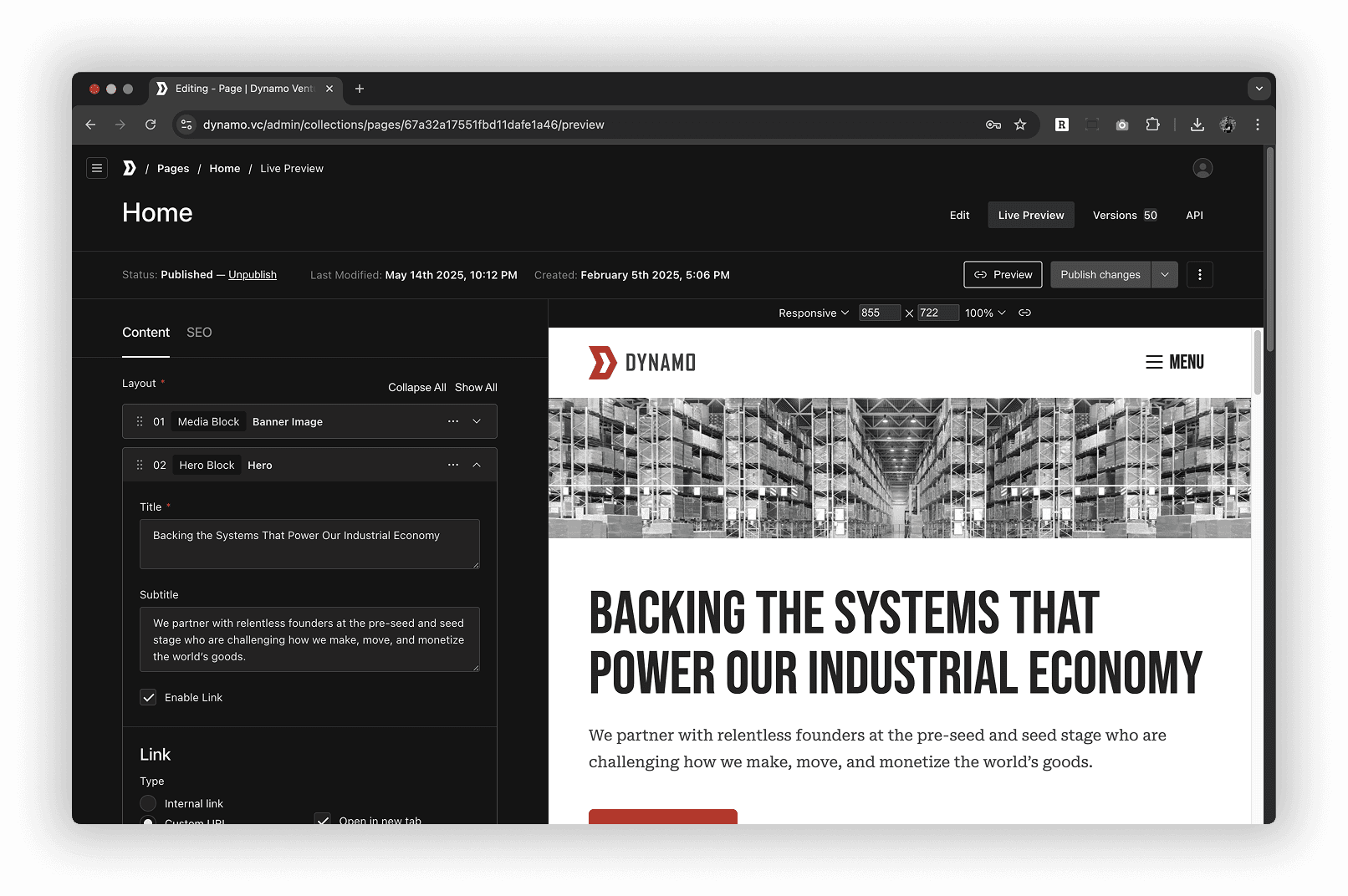 PayloadCMS admin dashboard showing webpage builder experience