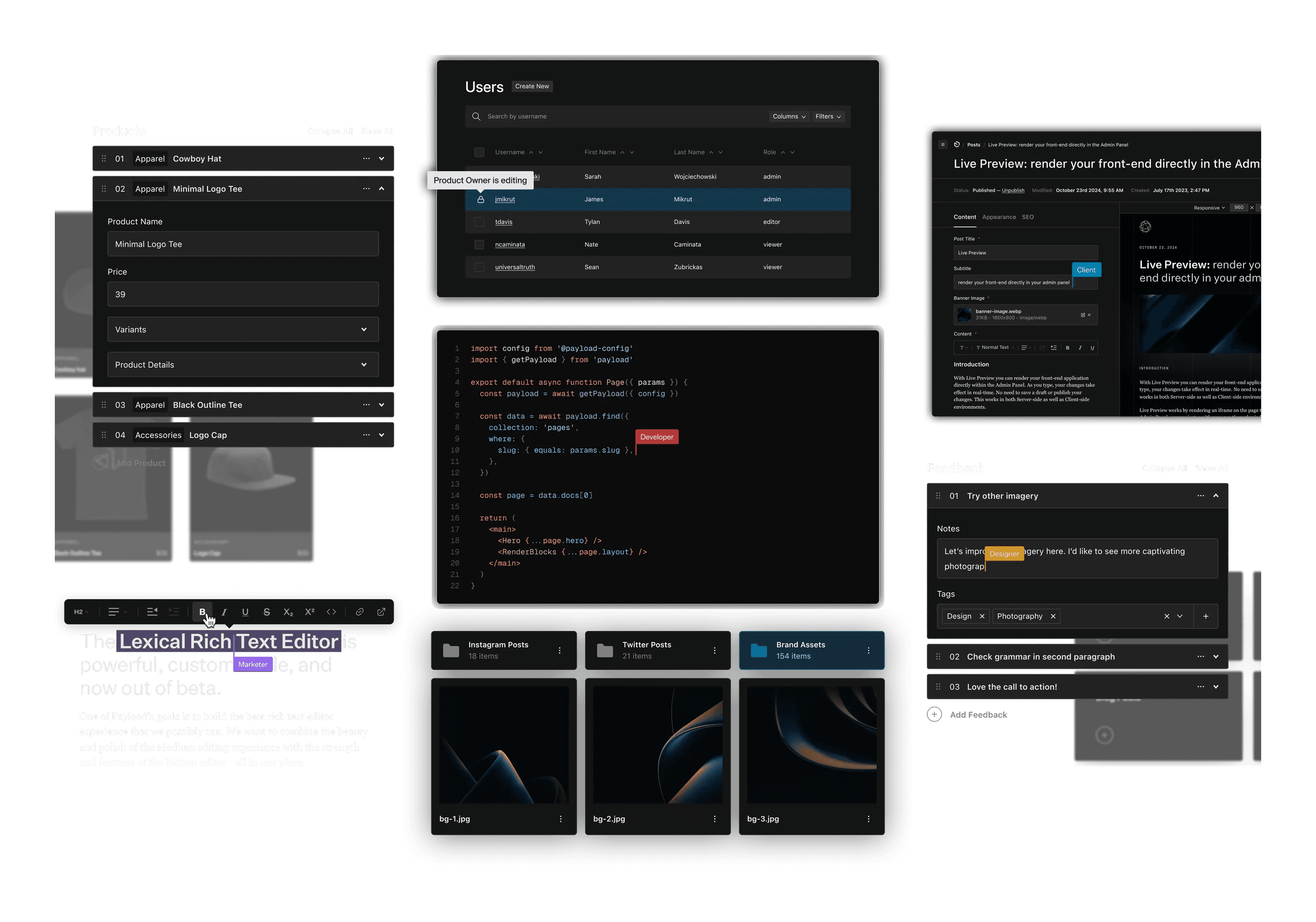 PayloadCMS admin interface showing custom fields and content types