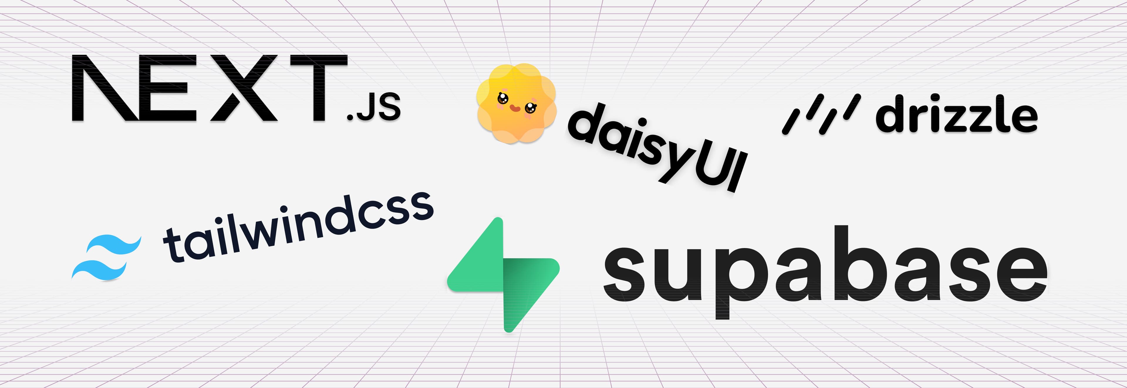 Technology stack logos showing Next.js, TypeScript, Supabase, Drizzle ORM, and other modern development tools