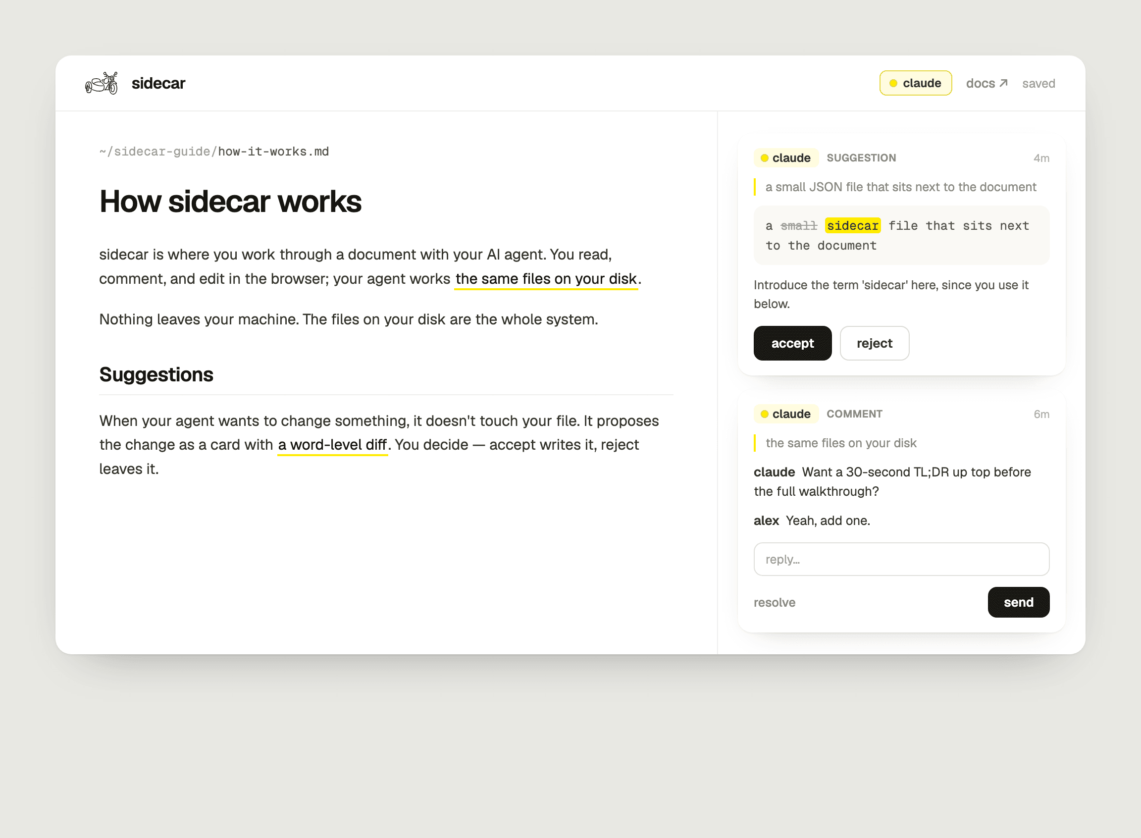 A suggestion card showing a word-level diff, next to an open comment thread